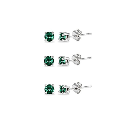 3-Pair Set Sterling Silver Green 3mm Round Stud Earrings Made with Swarovski Crystals