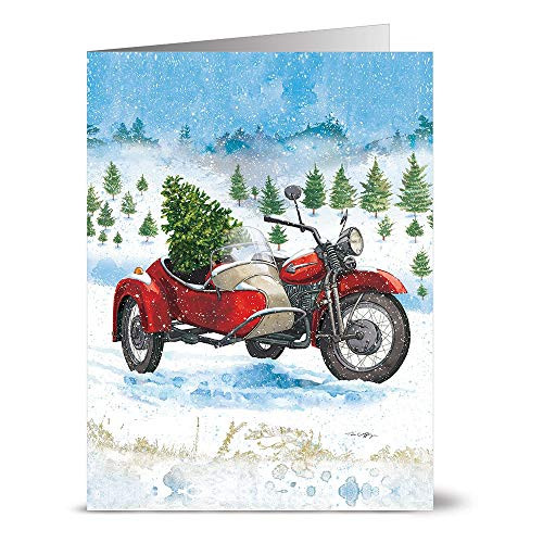 Note Card Cafe Christmas Card Assortment with Envelopes  24 Pack  Blank Inside, Glossy Finish  Motorcycle Sidecar with Tree  Set for Holidays, Winter, Gifts, Presents, Secret Santa, Work Parties