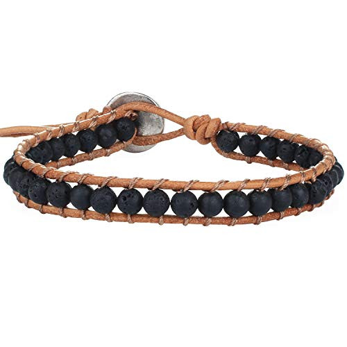 KELITCH Natural Leather Wrap Bracelet Agate Crystal Skull Mix Beaded Bracelet for Women Men Strand Bracelets New Lave 4