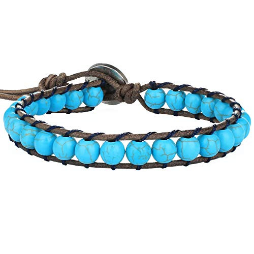 KELITCH Natural Leather Wrap Bracelet Agate Crystal Skull Mix Beaded Bracelet For Women Men Strand Bracelets New Blue 5B