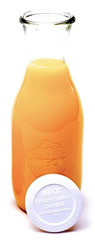 Weck 36 Oz Juice Glass Jar with Glass Lid, Keep Fresh Lid, Rubber Ring and Steel Clamps 1 Liter Weck Jar Suitable for Juices, Milk, Water, and Wine, Wide Mouth for Classic Pouring