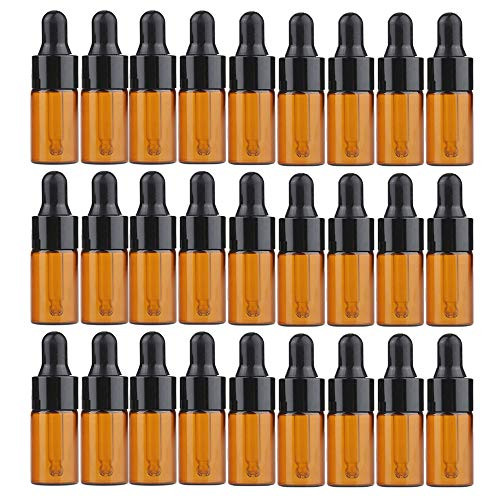 YAIKOAI 50 Pieces Mini Amber Glass Dropper Bottles Refillable Empty Sample Vial Small Essential Oil Dropping Bottle Perfume Cosmetic Container Jars with Eye Dropper, 3ml