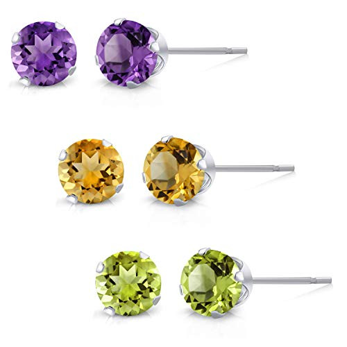 Gem Stone King 925 Sterling Silver 4MM Amethyst, Citrine and Peridot Stud Earrings Set of 3