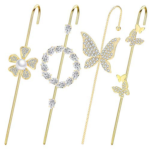 Ear Wrap Earrings - Elegant Crystal Craved Gold-tone Crawler Hook Earrings Classic Rhinestone Piercing Ear Cuff for Women Girls Wedding Delicate Wire Needle Studs Earrings F 4PCS butterfly  and  flower