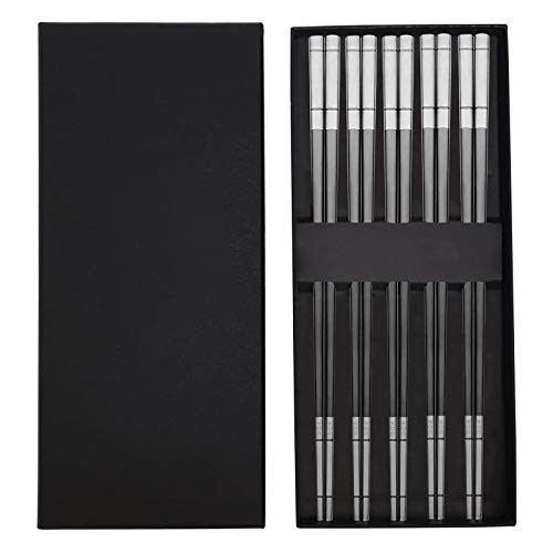 Chopsticks Reusable,Black Chopsticks 5 Pairs 304 Stainless Steel Chopstick Dishwasher Safe Metal Chop Sticks with Case Gift Set Black