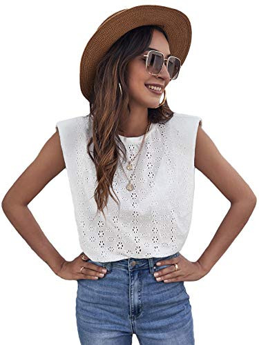 Romwe Women's Sleeveless Round Neck Solid Eyelet Embroidery Summer Boho Blouse Top White S