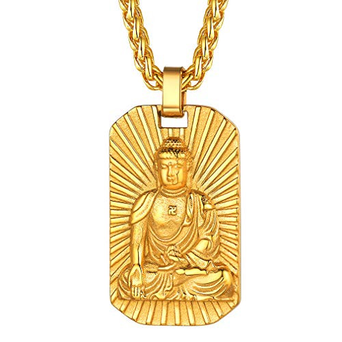FaithHeart Amitabha Amulet Necklace for Men Women, 18K Gold Plated Buddha Pendant Talisman with 24 Inches Chain Customizable Protection Medal for Teens-Gold