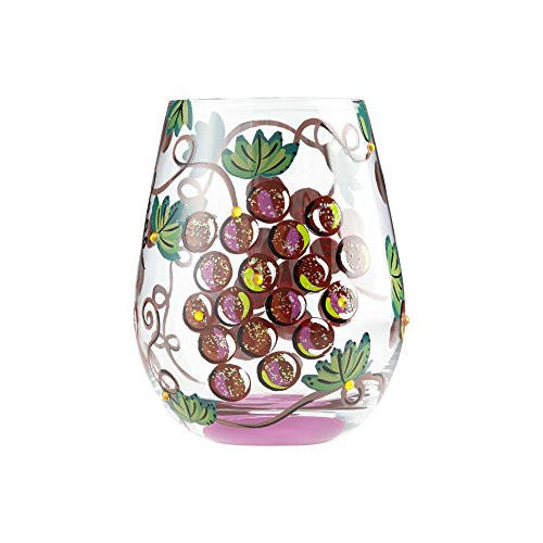 Enesco 6000228 Lolita Stemless Wine Glass Wine O'Clock, Artisan-Blown Glass with Hand-Painted Design, Multicolor