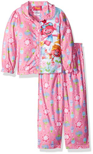 DreamWorks Trolls Girls' Toddler 2-Piece Button Front Pajama Set, Lollipop Pink, 4T