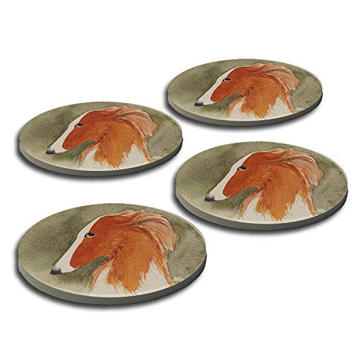 Drink Coasters Round Stone - Red Borzoi on Sage Green Dog Art by Denise Every Gift Set