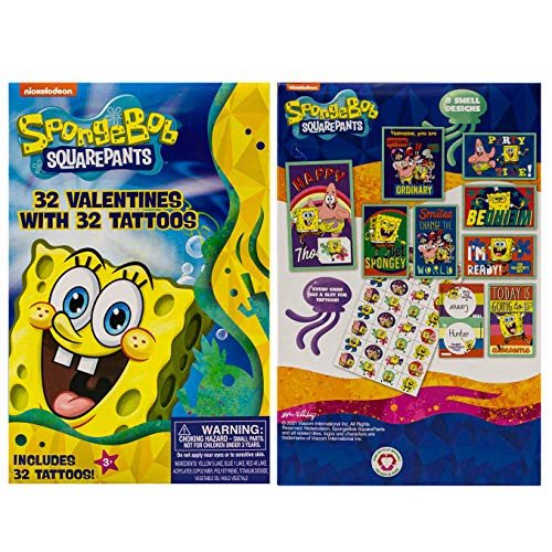 32 Count School Valentines Day Illustrated Cards with Matching Stickers or Tattoos Spongebob Squarepants