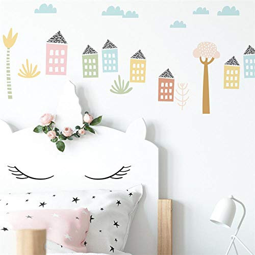 Wall Sticker Houses Clouds Trees Wall Stickers for Kids Room Nursery Wallpaper Furniture Glass Decor Decal Self-Adhesive Waterproof DIY Mural