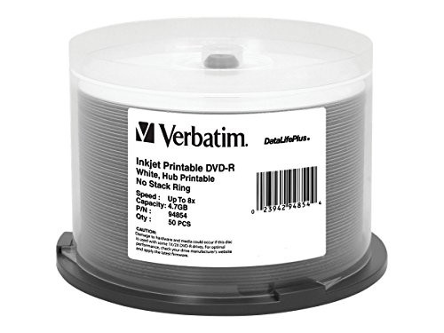 Verbatim DVD-R 4.7GB 8X DataLifePlus White Inkjet Printable, Hub Printable 50 Disc Spindle 94854 Verbatim DVD-R 4.7GB 8X DataLifePlus White Inkjet Printable, Hub Printable 50 Disc Spindle 94854