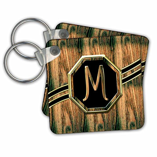 3dRose Elegant Faux Gold and Wood Grain Monogram Letter M - Key Chains, 2.25" x 2.25", Set of 2 (kc_242394_1)