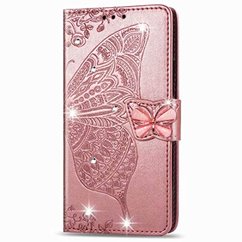 FlipBird Wallet Case for Sony Xperia L4, Leather Case with Card Solts Holder,Bling Diamond Butterfly Embossed Leather Flip Lanyard Wallet Case for Sony Xperia L4 Rose Gold