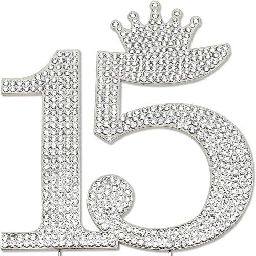 15 Quinceañera Princess Birthday Cake Topper, 15th Birthday Party Decorations, Crystal Rhinestone Silver