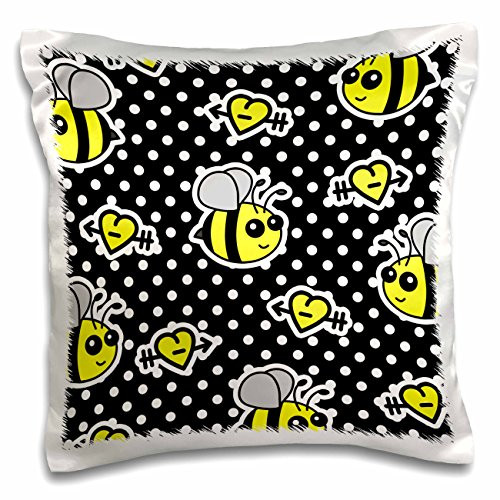 3dRose Cute Yellow Bumble Bee Print on Black and White Polka Dots - Pillow Case, 16 by 16-inch (pc_57079_1)