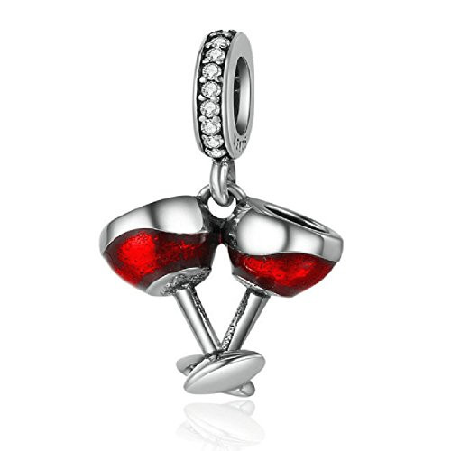 Love Heart Authentic Original 100 percent 925 Sterling Silver Charm Bead Beautiful Crystal Bow Charms Fit Pandora Charms Bracelet Women Necklace Pendant Jewelry  Red Wine Lover Glass Cup