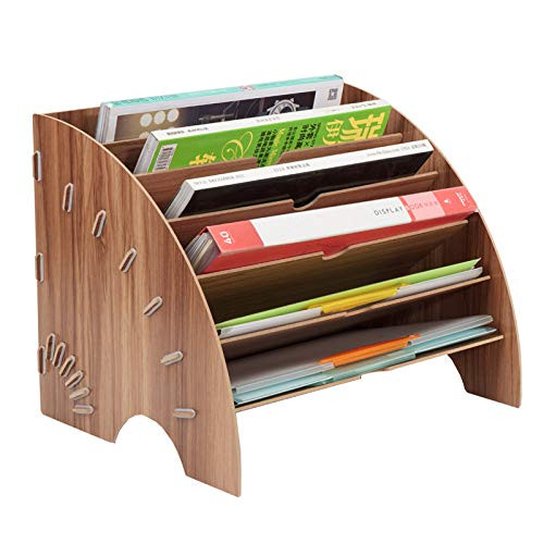 PENGKE File Sorter Organizer 6 Slots,Fan Shaped Mail Letter Document Magazine File Folder Holder,Office Desktop Organizer,Brown