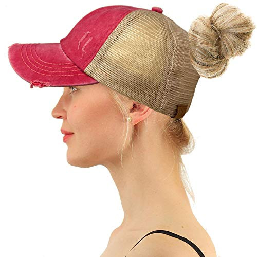 C.C Ponytail Criss Cross Messy Buns Ponycaps Baseball Cap Dad Trucker Mesh Hat Distressed Berry