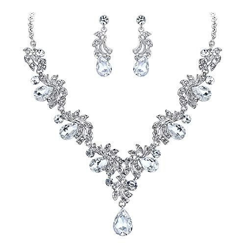 BriLove Wedding Bridal Necklace Earrings Jewelry Set for Women Crystal Teardrop Filigree Leaf Twig Statement Necklace Dangle Earrings Set Silver-Tone BriLove Wedding Bridal Necklace Earrings Jewelry Set for Women Crystal Teardrop Filigree Leaf Twig Statement Necklace Dangle Earrings Set Silver-Tone