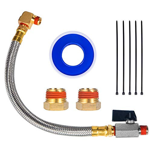 Breezliy Extended Tank Drain Valve Assembly Kit,10 Inch Braided Steel Hose 1/4 Inch NPT Drain Valve and Elbow Fitting for Air Compressor with Two Extra 1/4inch  to 3/8inch  Brass Adapter and Thread Seal Tape