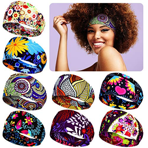 8 Pieces African Headband Stretchy Boho Print Head Band Yoga Sports Workout Hairband Elastic Turban Headwrap Head Wear for Women Girls Hair Accessories Floral Pattern