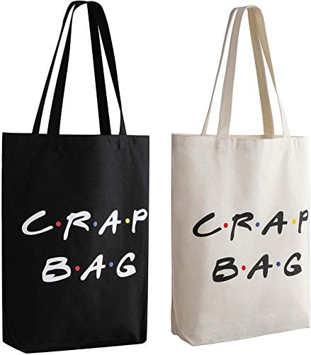 Friends TV Show Crap Bag, 2 Pack Large Canvas Reusable Grocery Tote Bags White and Black Craft Canvas Bag