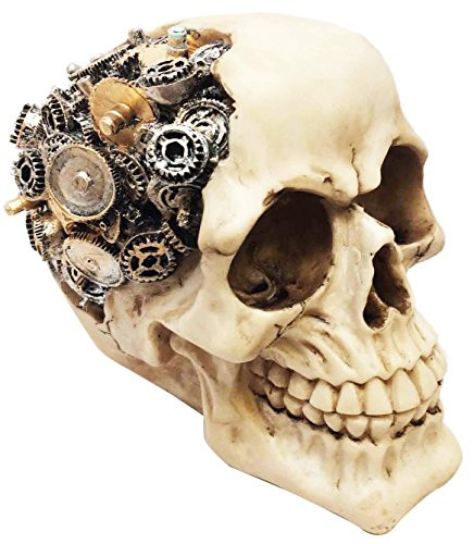 Ebros Steampunk Cyborg Protruding Gearwork Human Skull Statue Sci Fi Clockwork Gear Design Skeleton Cranium Figurine