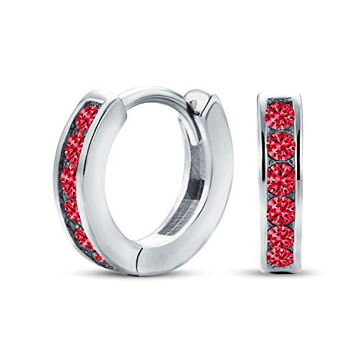 Red Cubic Zirconia CZ Channel Set Small Kpop Huggie Hoop Earrings For Women Simulated Ruby 925 Sterling Silver