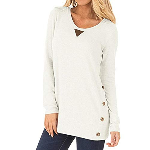 OutTop Women Fall Winter Tees Trendy Crewneck Patchwork Long Sleeve Solid Side Button T Shirt Blouse Top Tunic Pullover White, XL