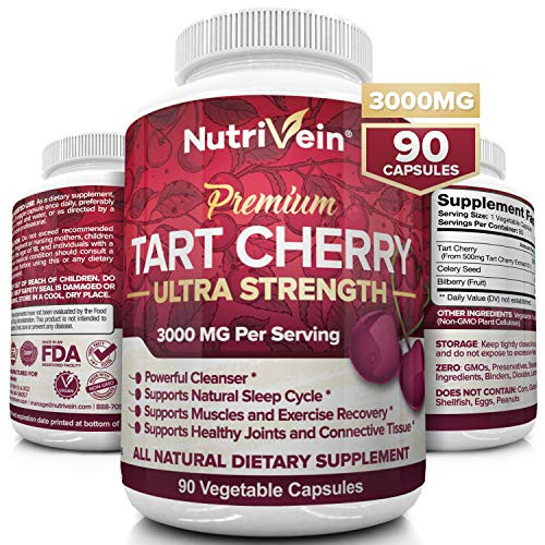 Nutrivein Tart Cherry Capsules 3000mg - 90 Vegan Pills - Antioxidants, Flavonoids - Supports Uric Acid Cleanse, Pain Relief, Muscle Recovery, Joint Pain, Healthy Sleep, Juice Extract Supplement Nutrivein Tart Cherry Capsules 3000mg - 90 Vegan Pills - Antioxidants, Flavonoids - Supports Uric Acid Cleanse, Pain Relief, Muscle Recovery, Joint Pain, Healthy Sleep, Juice Extract Supplement