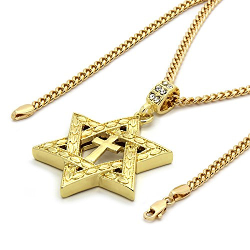 Mens 14k Gold Tone Star of David Cross Pendant 3mm 30inch  inches Cuban Necklace Chain