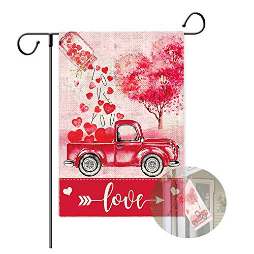 Broadsheet Valentines Day House Flag, 28 x 40 Inch Double Sided Valentine Flags, Premium Burlap Large Valentine Flag for Yard Outdoor Decor ?Roses on The Red Car Love Tree Yard Banners?