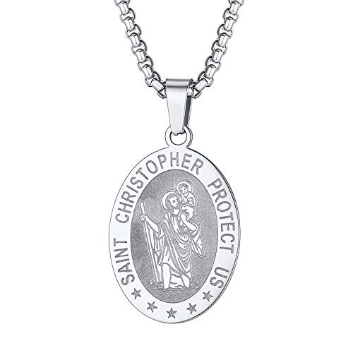 U7 Saint Christopher Necklace Stainless Steel Catholic Christian Jewelry Patron Saints Protect US Traveler Medallion Necklaces with Box Chain 22 Inch St Christopher Medal Pendant