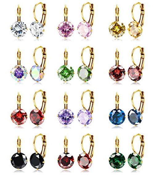 JOERICA 12 Pairs Birthstone Leverback Dangle Earrings Set for Women Gold Plated CZ Stainless Steel Earrings 10MM Multicolor Cubic Zirconia Drop Earrings JOERICA 12 Pairs Birthstone Leverback Dangle Earrings Set for Women Gold Plated CZ Stainless Steel Earrings 10MM Multicolor Cubic Zirconia Drop Earrings