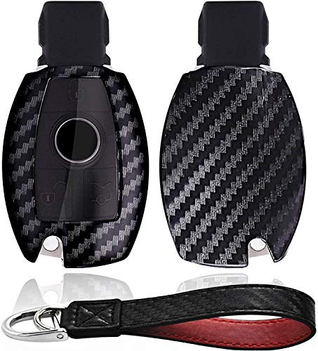 Kwak's Car Protective Key Cover PC Key Case Carbon Fiber Pattern Compatible for Mercedes Benz C E M S CLS CLK GLK GLC G Class Keyless Smart Car Key with Keychain
