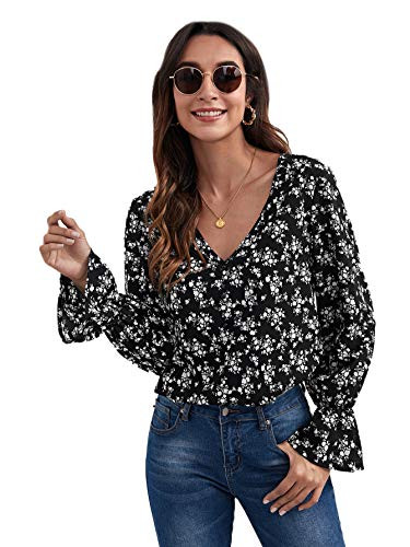 SheIn Women's Long Flounce Sleeve V Neck Blouse Tops Ditsy Floral Print Shirt Black M