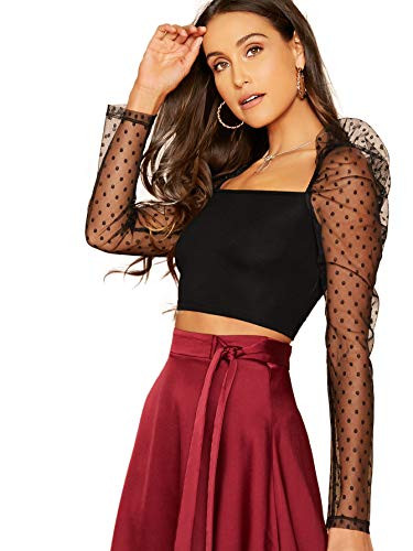 WDIRARA Women's Sheer Mesh Polka Dots Puff Sleeve Square Neck Slim Fit Crop Top Black S
