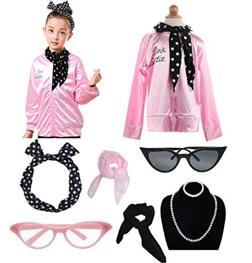 Grease Girls 50's Pink Ladies Costume Jacket Outfit Set (S, Pink)