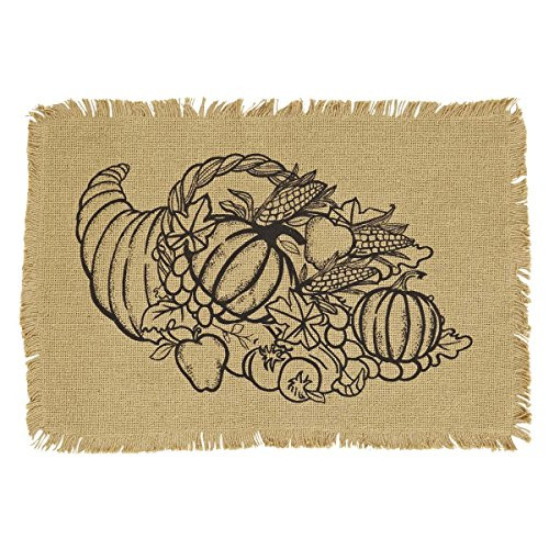 VHC Brands Harvest & Thanksgiving Holiday Tabletop & Kitchen - Giving Thanks Tan Cornucopia Burlap Placemat Set of 6
