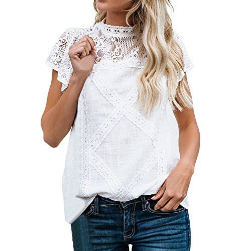 Franterd Womens Solid Blouse Casual Lace Patchwork Flare Ruffles Short Sleeve Cute Floral Tops for Ladies White