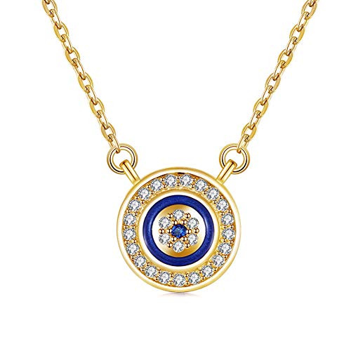 Kaletine Blue Evil Eye Pendant Necklace Sterling Silver 925 Cubic Zirconia Adjustable Chain 16inch plus 2inch  Ext.18K Gold