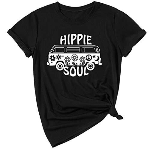 YAnGSale Top Women Shirt Summer Beach Blouse Hippie Soul Car Print Vacation T-Shirt Pullover Tops Black, M