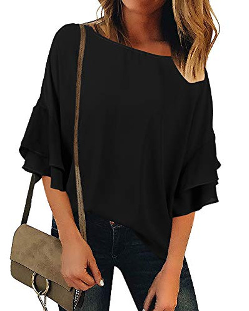 Umeko Womens Bell Sleeve Tops Casual Chiffon Tiered Crewneck Elegant Loose Ruffles Shirts Blouses Black