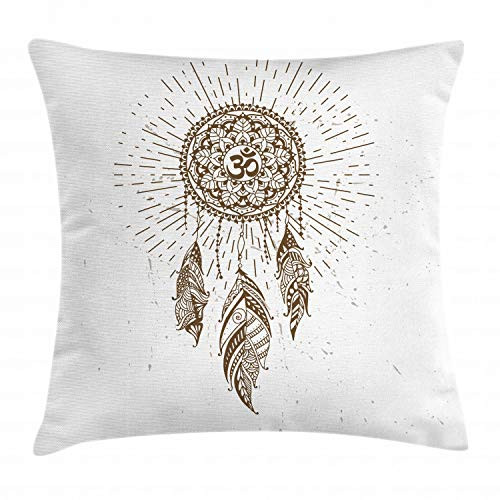 Ambesonne Yoga Throw Pillow Cushion Cover, Hand Drawn Style Dream Catcher with Mandala Hippie Art, Decorative Square Accent Pillow Case, 18inch  X 18inch , White Brown