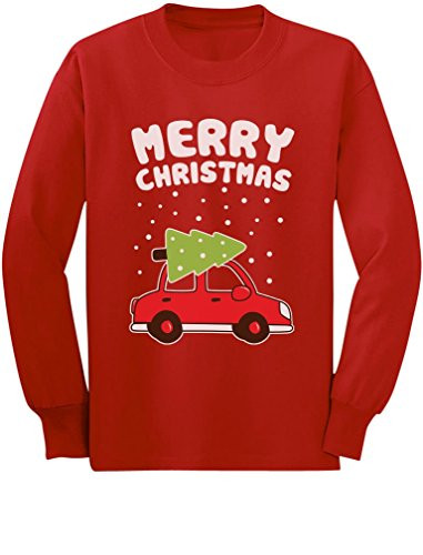 Merry Christmas Xmas Tree on Car Cute Xmas Toddler/Kids Long Sleeve T-Shirt 3T Red