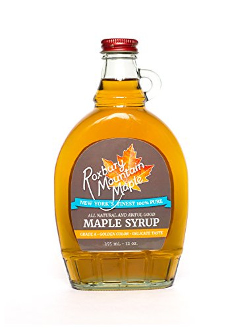 Grade A Golden Maple Syrup, Roxbury Mountain Maple, 12 Oz Glass Grade A Golden Maple Syrup, Roxbury Mountain Maple, 12 Oz Glass