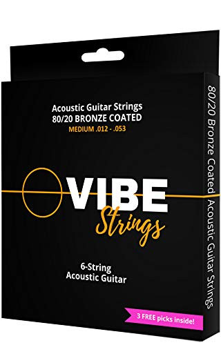 VIBE Strings Acoustic Guitar Strings, 80/20 Bronze Coated Acoustic Strings Medium .012-.053, 1 Set