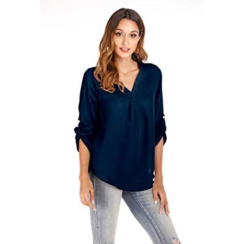 Women's Chiffon Casual Roll-up Long Sleeve V Neck Solid Office Work Chiffon Blouse Shirts Tops Navy